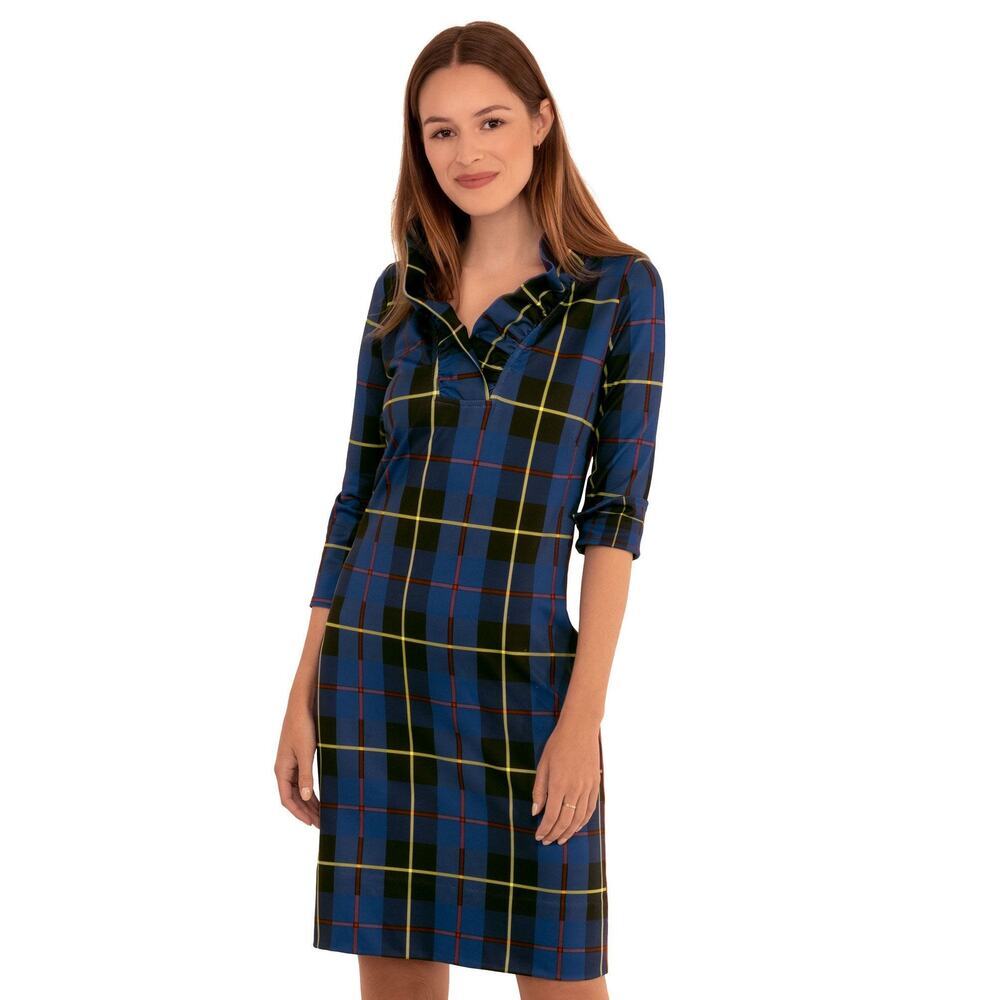 Gretchen Scott Ruffle Neck Dress - Plaidly Cooper Navy Plaid sz large $219